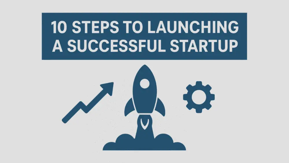 Illustration showing a startup launch concept with a rocket taking off, surrounded by business icons like charts, gears, lightbulbs, and teamwork symbols, representing the 10 steps to launching a successful startup.