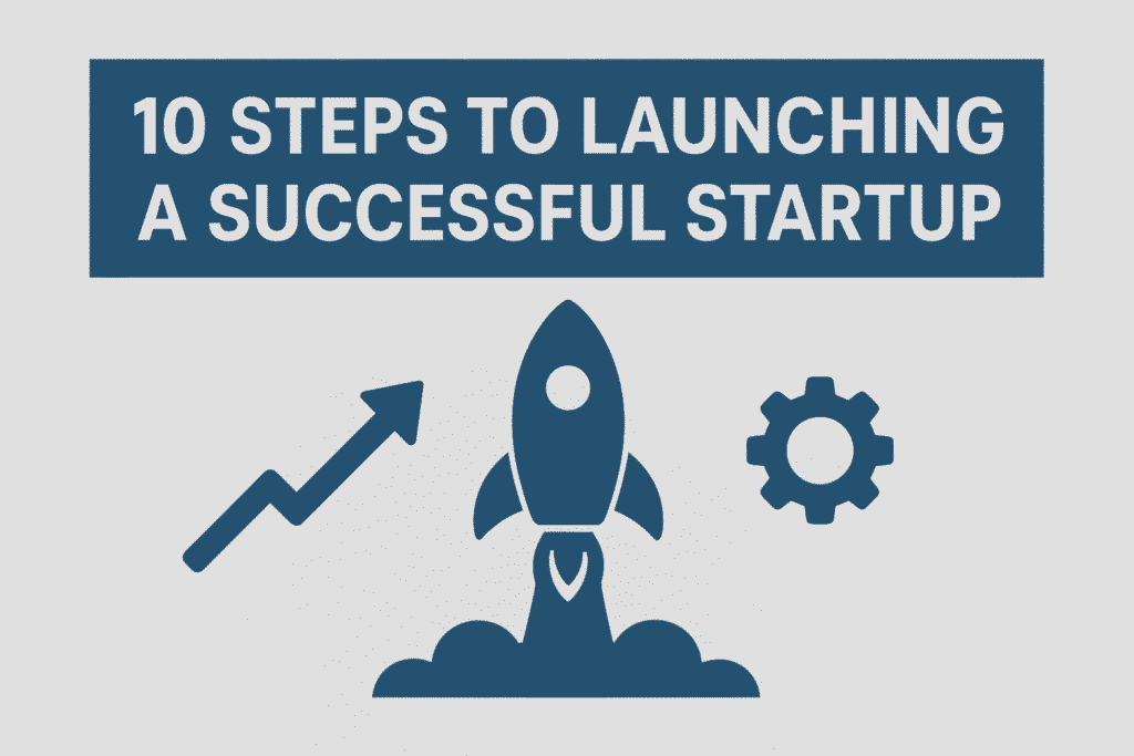 Illustration showing a startup launch concept with a rocket taking off, surrounded by business icons like charts, gears, lightbulbs, and teamwork symbols, representing the 10 steps to launching a successful startup.