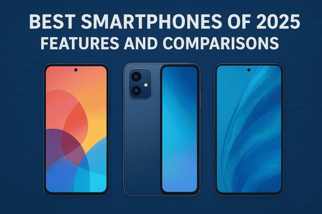 A digital illustration showing three modern smartphones side by side against a blue circuit-themed background. The first phone on the left displays a colorful abstract wallpaper, the middle phone shows its back with dual cameras and a gradient blue screen, and the third phone on the right features a blue wave-style wallpaper. At the top, bold text reads “BEST SMARTPHONES OF 2025” with a subtitle “FEATURES AND COMPARISONS.