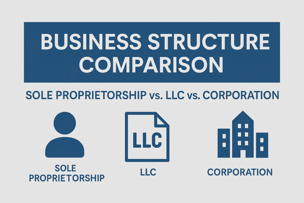 A digital graphic with a blue header displaying the white text “BUSINESS STRUCTURE COMPARISON.” Below it, the subtitle reads “SOLE PROPRIETORSHIP vs. LLC vs. CORPORATION.” Three blue icons on a light background represent each structure: a single person silhouette labeled “SOLE PROPRIETORSHIP,” a document icon with “LLC” labeled “LLC,” and a building icon labeled “CORPORATION.”