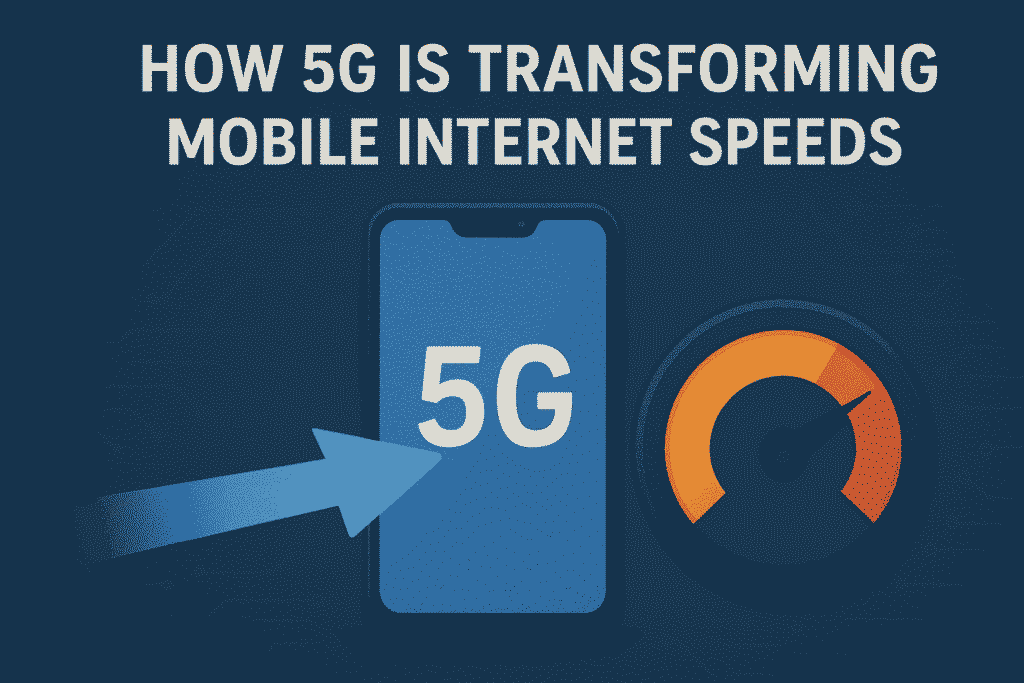 A modern digital illustration showing the impact of 5G technology on mobile internet speeds, featuring a large glowing 5G symbol, fast-moving data lines, and a smartphone connected to high-speed networks.