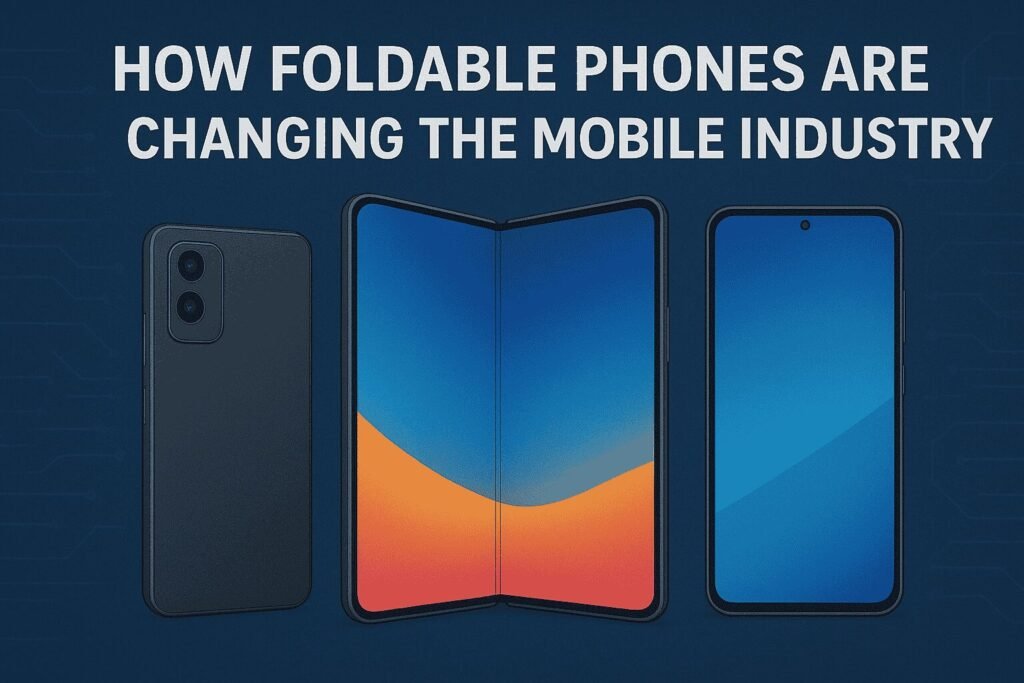 A digital illustration featuring three smartphones against a dark blue circuit-themed background. In the center is a foldable phone opened to reveal a vibrant gradient screen of orange and blue, symbolizing innovation. On the left is a phone showing its back with dual cameras, and on the right is a traditional smartphone with a blue display. At the top, bold white text reads, “HOW FOLDABLE PHONES ARE CHANGING THE MOBILE INDUSTRY.