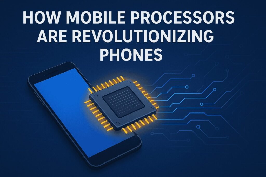 A digital illustration showing a modern smartphone with a glowing mobile processor chip hovering over its screen, surrounded by yellow connector pins. Blue circuit lines extend from the chip into the background, with the text “HOW MOBILE PROCESSORS ARE REVOLUTIONIZING PHONES” displayed at the top.