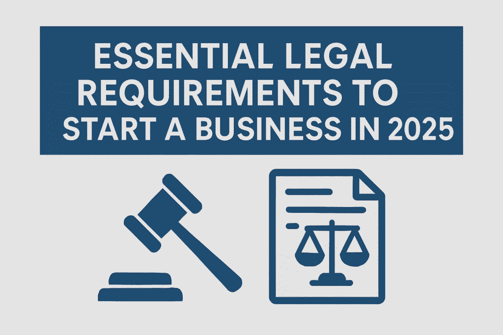 Flat-design digital illustration showing legal and business elements, including scales of justice, law books, a gavel, and business documents, symbolizing essential legal requirements to start a business in 2025.