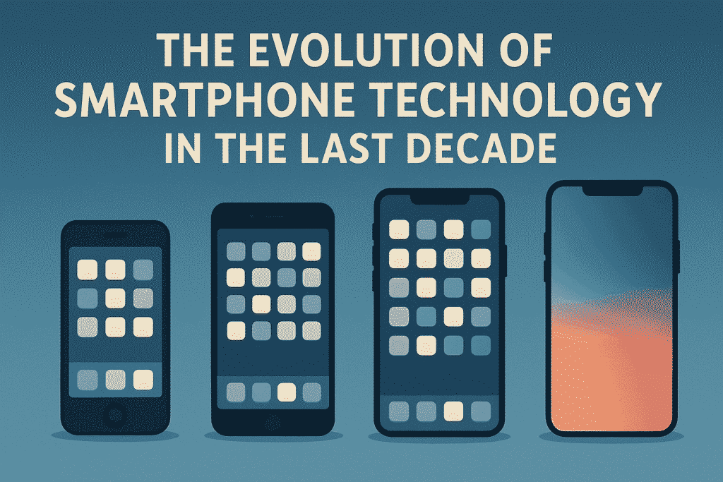 Digital infographic showing the evolution of smartphones over the last decade, with four devices side by side: the first with thick bezels and a home button, the second with slimmer bezels, the third with a notch and minimal bezels, and the fourth with a full edge-to-edge display. Title text reads 'The Evolution of Smartphone Technology in the Last Decade' on a blue gradient background.