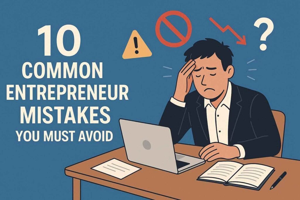 Illustration of a stressed entrepreneur sitting at a desk with a laptop, notebook, and papers, holding his head in frustration. Surrounding him are warning icons including a caution sign, prohibition symbol, red downward arrow, and question mark. On the left, bold text reads ‘10 Common Entrepreneur Mistakes You Must Avoid.’”