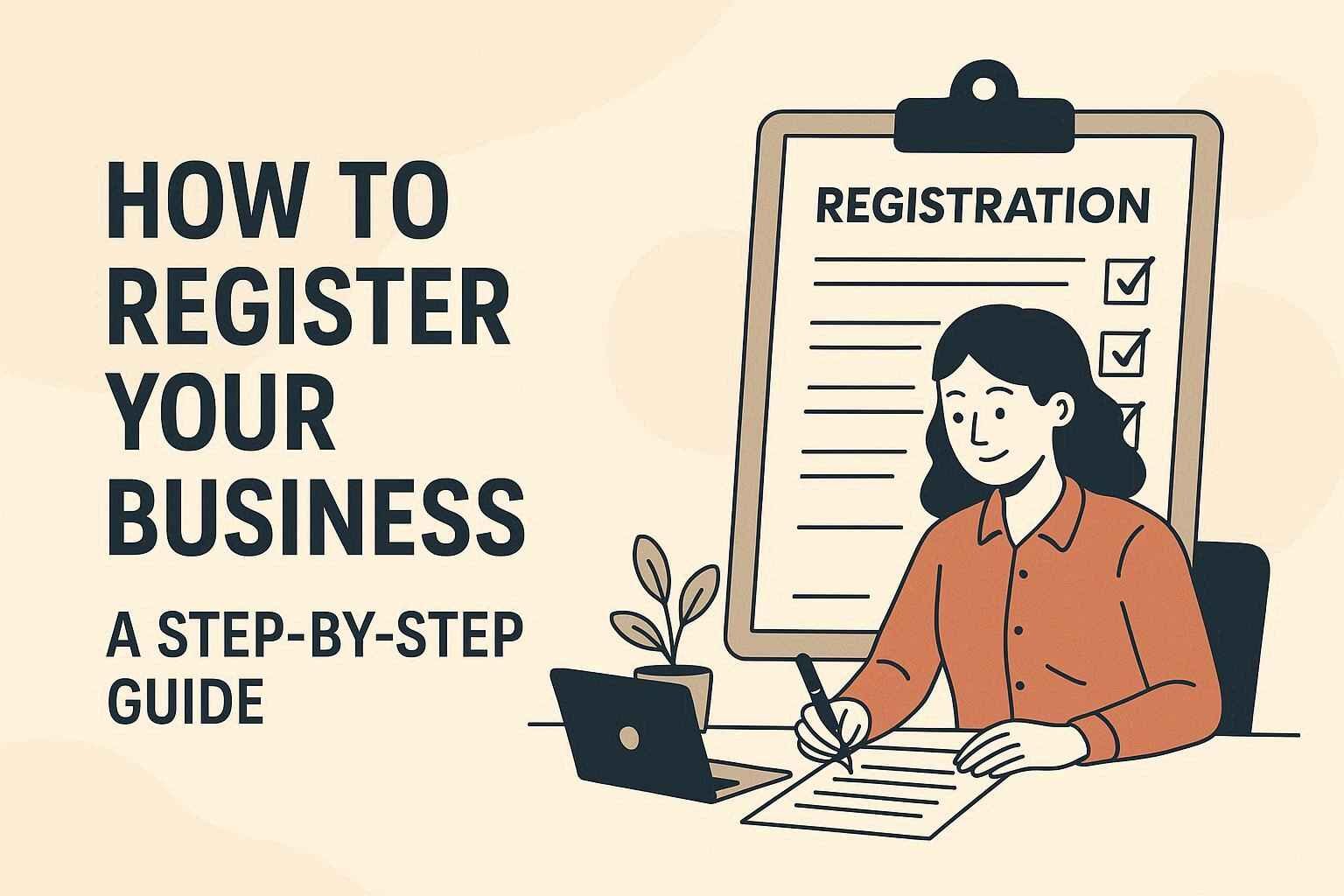 Illustration of a woman filling out registration forms at a desk with a laptop, clipboard, and checklist, with bold text reading “How to Register Your Business – A Step-by-Step Guide.
