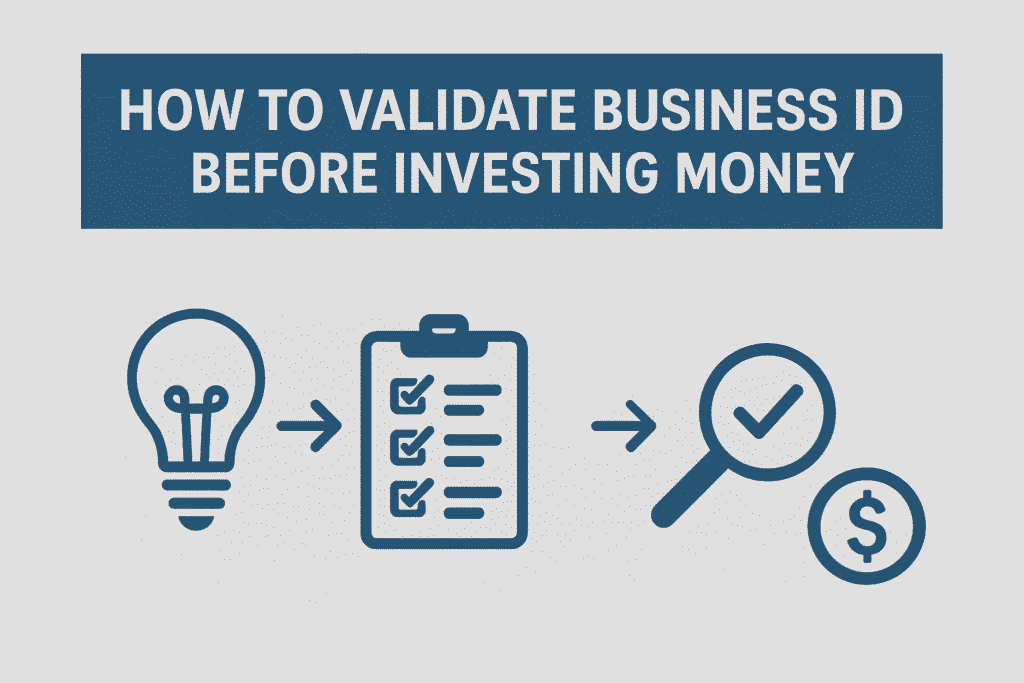 Flat-style digital illustration with the title ‘How to Validate Business Idea Before Investing Money.’ Below the title, four blue icons connected by arrows show the process: a lightbulb for idea, a checklist clipboard, a magnifying glass with a checkmark for validation, and a dollar symbol for investment.