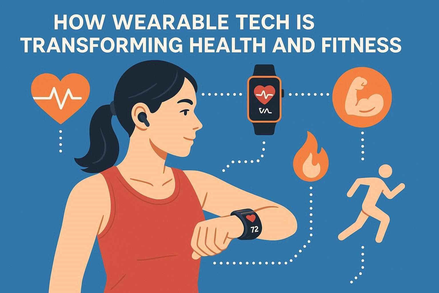 Illustration of a woman using wearable fitness technology, including a smartwatch and wireless earbuds, with icons representing heart health, muscle strength, calories burned, and running, alongside the text “How Wearable Tech Is Transforming Health and Fitness.