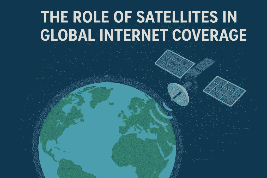 flat-style digital illustration showing Earth with green continents and blue oceans, alongside a satellite with large solar panels orbiting the planet. Radio waves extend from the satellite toward Earth. At the top, bold white text reads, “THE ROLE OF SATELLITES IN GLOBAL INTERNET COVERAGE,” set against a dark blue background with subtle circuit patterns.