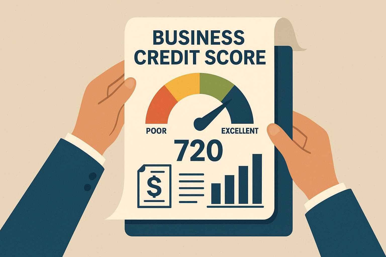 Illustration of hands holding a business credit score report showing a score of 720, with a gauge from poor to excellent and financial icons.