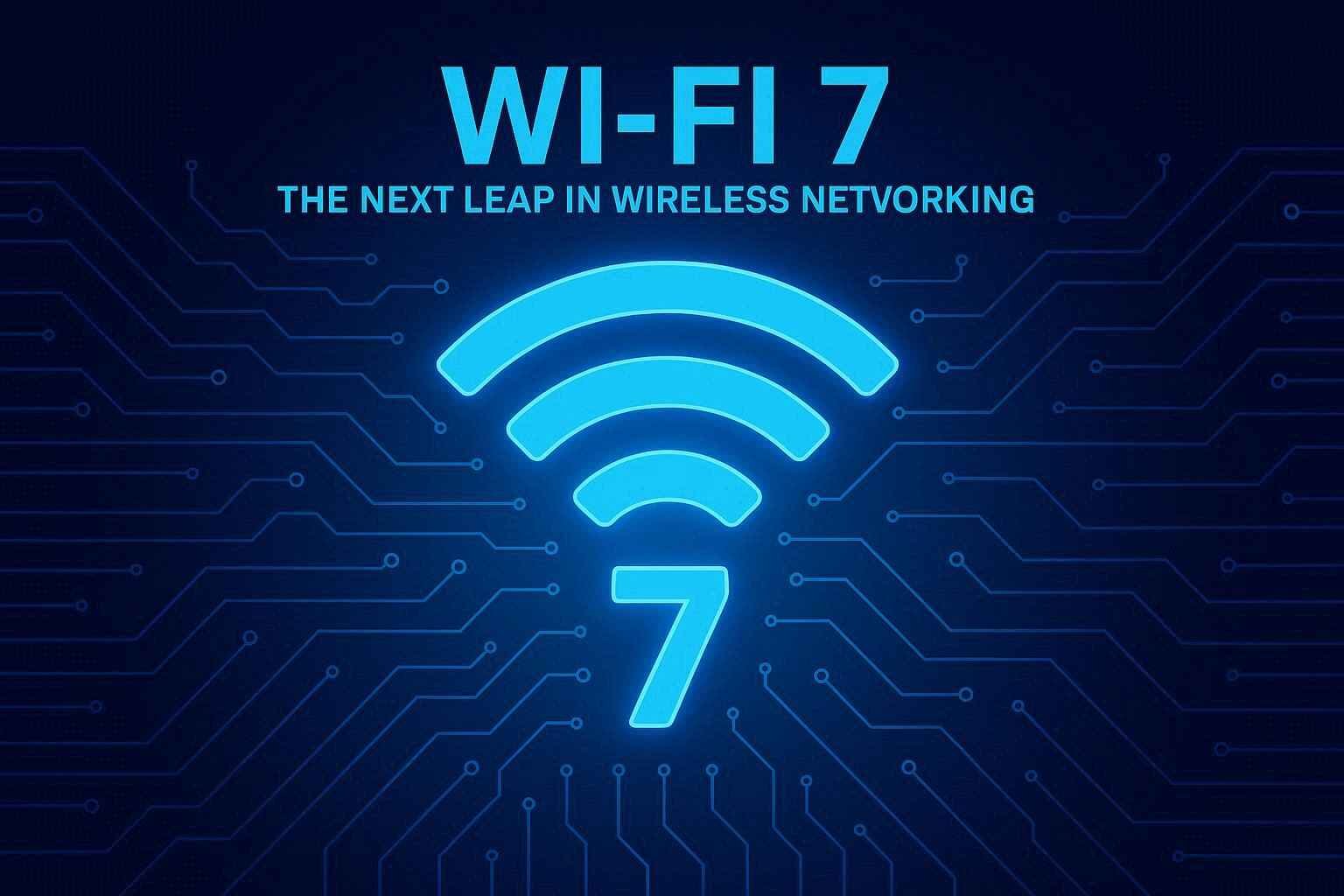 Wi-Fi 7 technology concept with glowing blue wireless signal icon and digital circuit background, featuring the text “Wi-Fi 7 – The Next Leap in Wireless Networking.