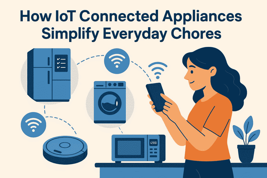 Illustration of a woman using a smartphone to control IoT-connected home appliances, including a smart refrigerator, washing machine, microwave, and robot vacuum, with the text “How IoT Connected Appliances Simplify Everyday Chores.