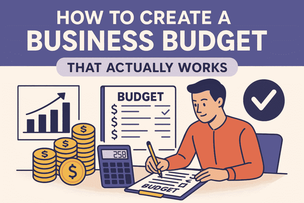Illustration of a person creating a business budget at a desk with charts, coins, and a calculator, accompanied by the text “How to Create a Business Budget That Actually Works.”