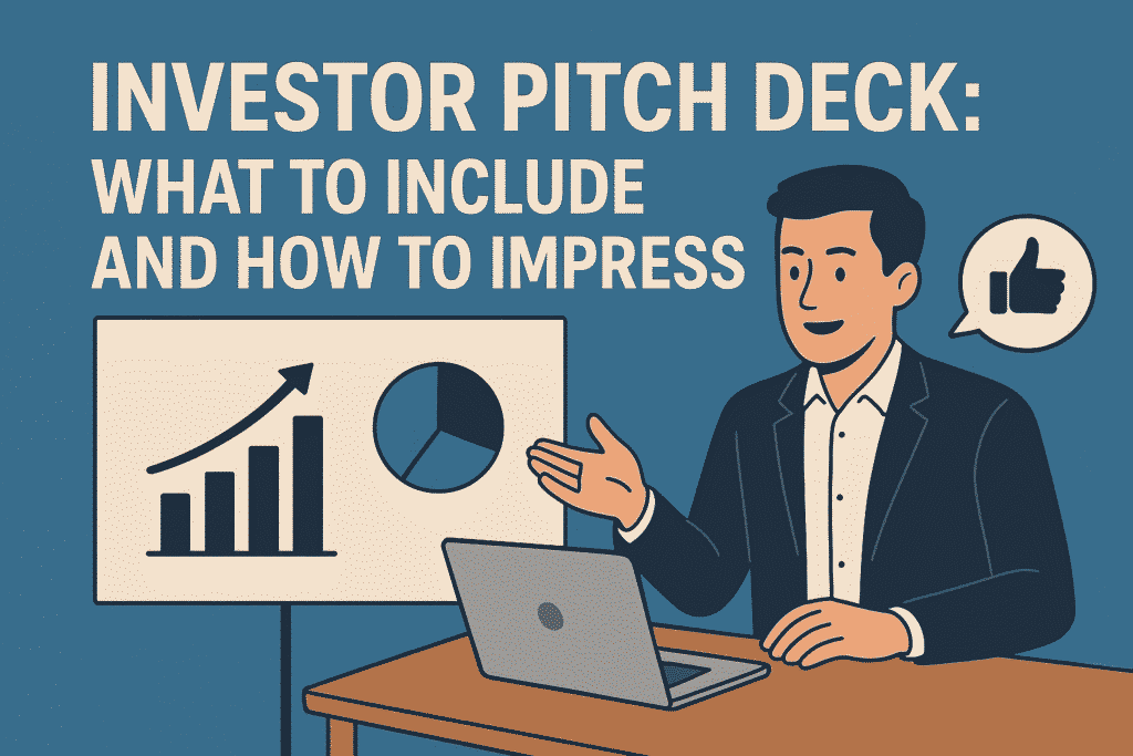 Illustration of a business presenter sitting at a desk with a laptop, pointing to a presentation board showing a rising bar chart and a pie chart. A speech bubble with a thumbs-up icon appears beside him. Large text above reads ‘Investor Pitch Deck: What to Include and How to Impress.’