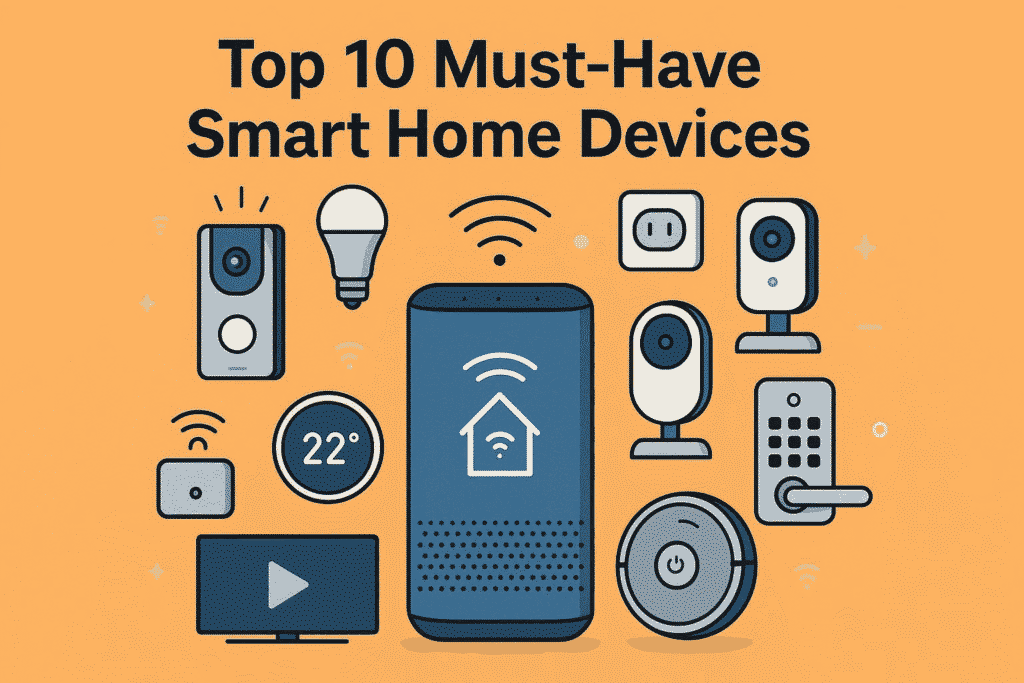 Illustration of various smart home devices, including a smart speaker, thermostat, cameras, light bulb, doorbell, and plug, with the text “Top 10 Must-Have Smart Home Devices” on an orange background.