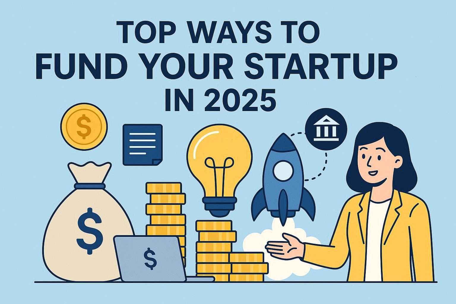 Illustration of a woman presenting startup funding ideas with icons of money bags, coins, a light bulb, a rocket, and a bank symbol, alongside the text “Top Ways to Fund Your Startup in 2025.”