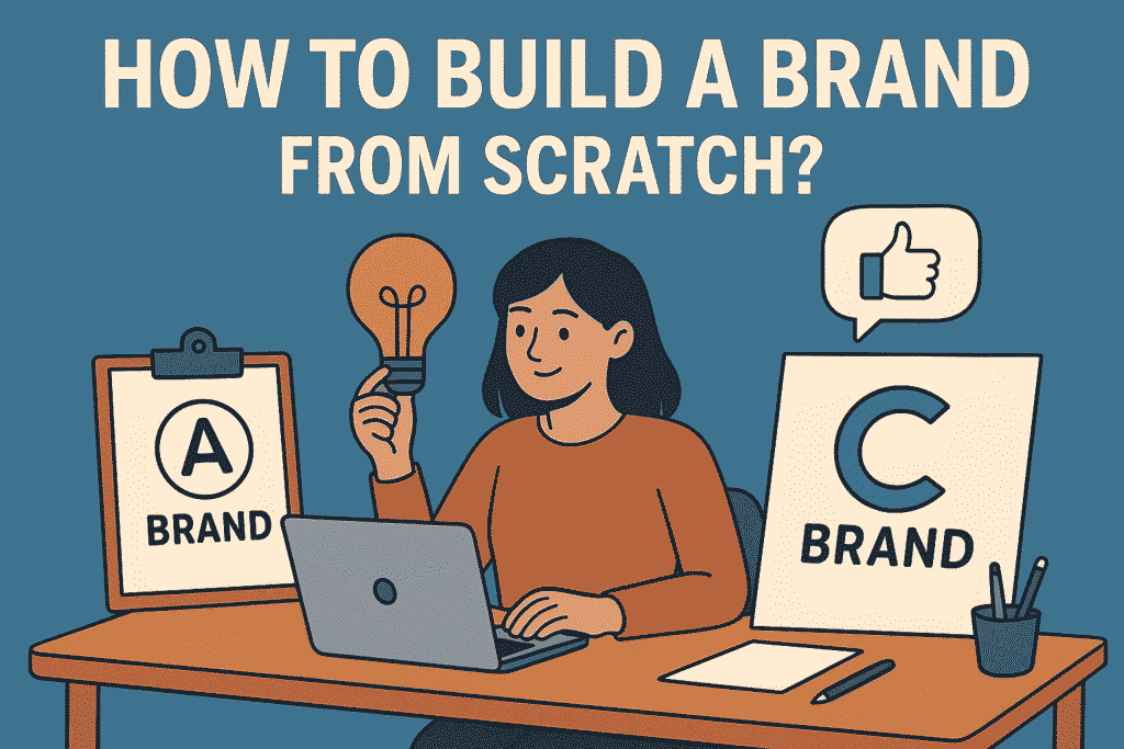 A flat-style digital illustration showing a person building a brand identity on a laptop, surrounded by branding elements like logos, color palettes, and design tools, representing the process of creating a brand from scratch.