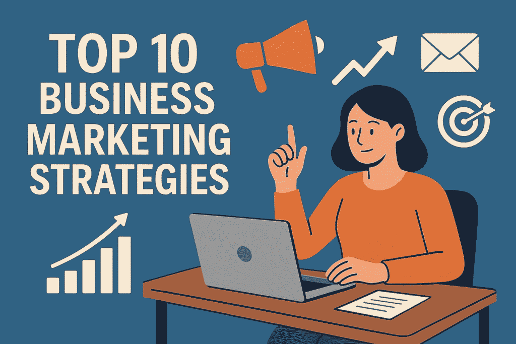 A flat-style digital illustration showing a woman sitting at a desk using a laptop, raising one finger as if sharing an idea. Surrounding her are business and marketing icons including a megaphone, upward arrow, envelope, target, bar chart, and dollar sign. The bold title text on the left reads “Top 10 Business Marketing Strategies” on a blue background.