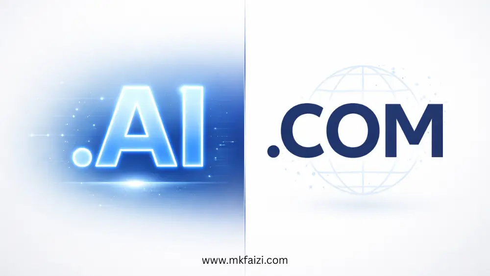 .AI vs .COM domain comparison with futuristic AI text and professional business domain design.