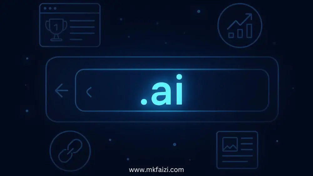 Are .AI domains good for SEO – illustration of .ai domain in browser bar with website and analytics icons.