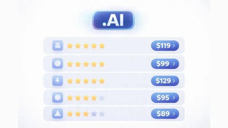 .AI domain registrar comparison table with star ratings and pricing for different providers.