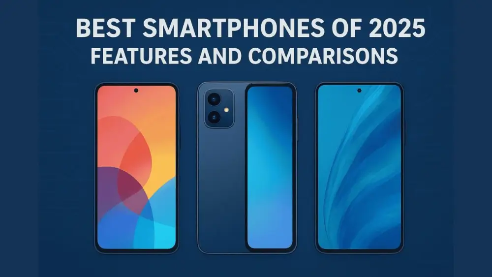 A digital illustration showing three modern smartphones side by side against a blue circuit-themed background. The first phone on the left displays a colorful abstract wallpaper, the middle phone shows its back with dual cameras and a gradient blue screen, and the third phone on the right features a blue wave-style wallpaper. At the top, bold text reads “BEST SMARTPHONES OF 2025” with a subtitle “FEATURES AND COMPARISONS.