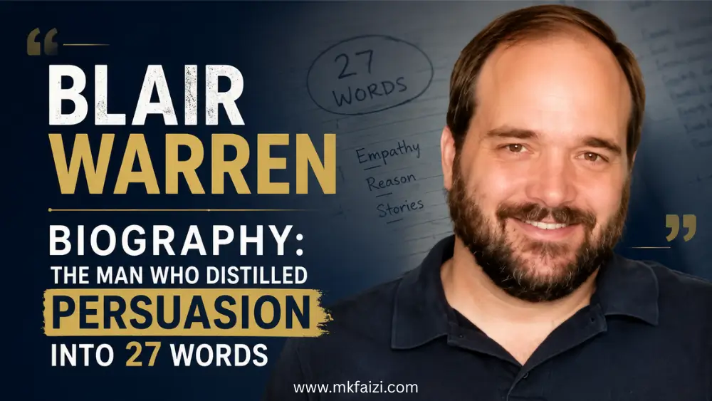 Professional featured image for a Blair Warren biography article showing a smiling bearded man on a dark blue background with bold gold and white text reading “Blair Warren Biography: The Man Who Distilled Persuasion Into 27 Words” alongside handwritten persuasion notes and “27 words” graphics.