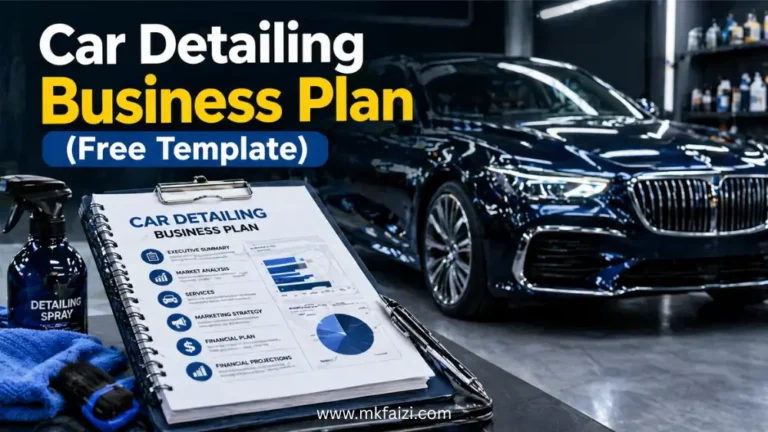 Car detailing business plan featured image showing a luxury dark blue car in a professional detailing studio with a clipboard displaying a business plan template, microfiber cloth, and spray bottle, highlighting a car detailing business plan guide and template.