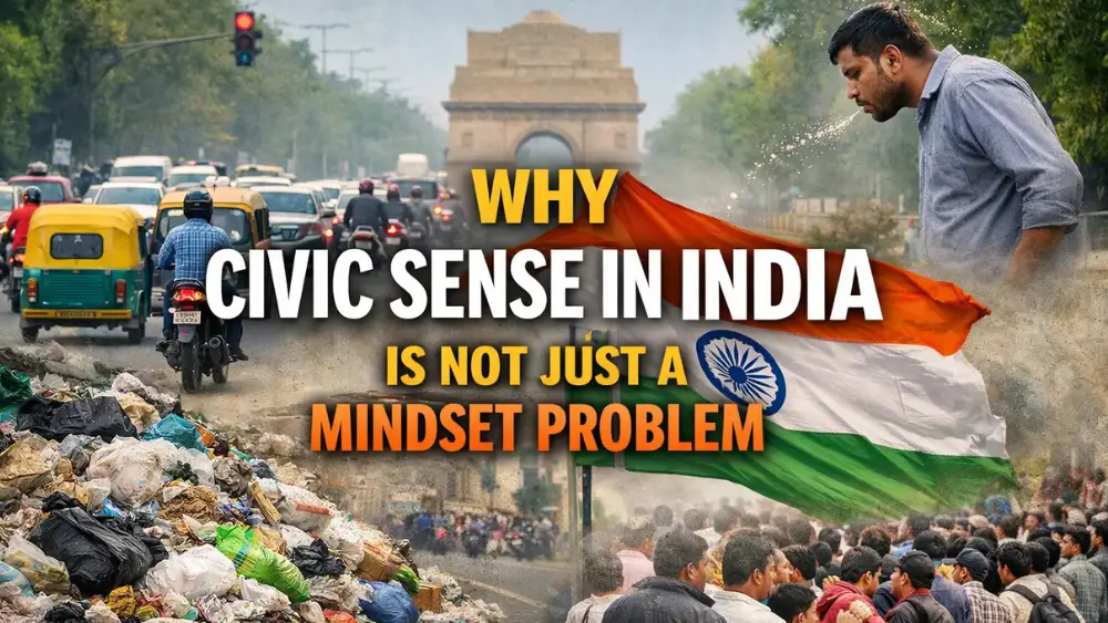 Collage showing traffic congestion near India Gate, roadside garbage pile, crowded queue of people, and Indian flag with headline “Why Civic Sense in India Is Not Just a Mindset Problem”
