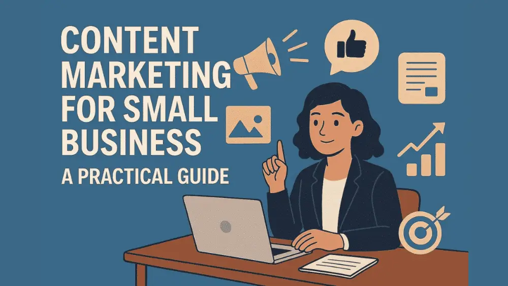 Flat-style illustration of a person working on content marketing using a laptop, surrounded by icons such as a megaphone, lightbulb, charts, and documents. The title ‘Content Marketing for Small Business: A Practical Guide’ is displayed on the left against a blue background.