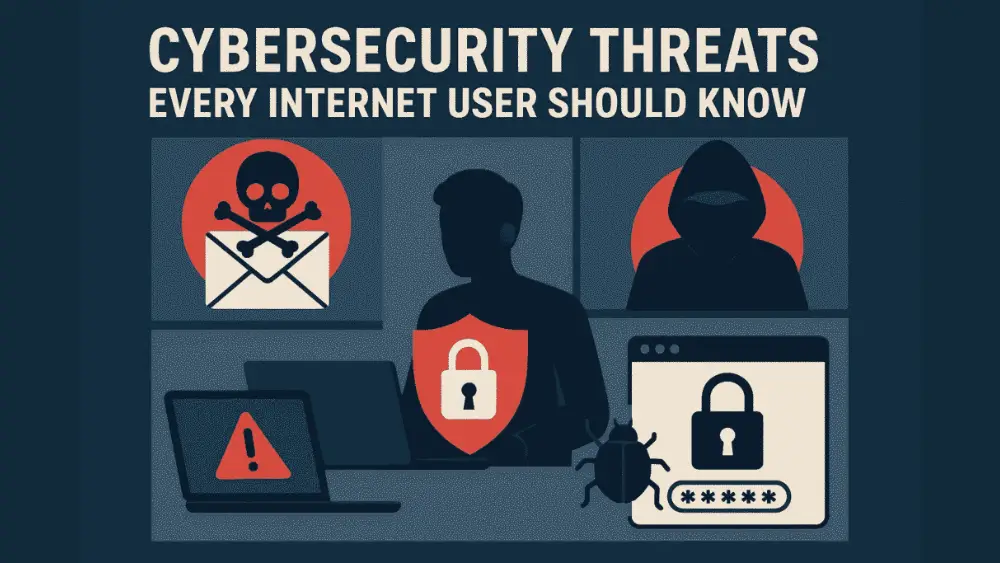 Illustration showing cybersecurity threats, including a hacker in a hoodie, a phishing email with a skull icon, malware bug, warning symbols on laptops, and padlock icons, with the text “Cybersecurity Threats Every Internet User Should Know.”