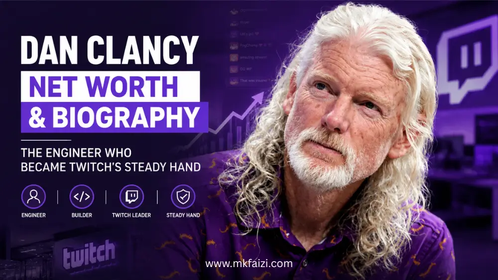 Featured image for “Dan Clancy Net Worth and Biography” showing Twitch CEO Dan Clancy in a purple-themed design with Twitch branding, growth chart graphics, and text highlighting his journey from engineer to Twitch leader.
