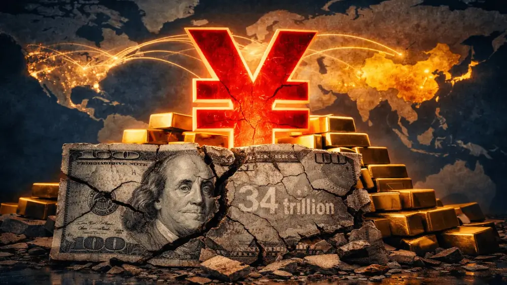 Photorealistic 16:9 image of a cracked US dollar bill with faint “34 trillion” visible, glowing gold Chinese yuan symbol rising behind stacked gold bars, and a world map in deep blue with illuminated connection lines shifting from the USA toward Asia.
