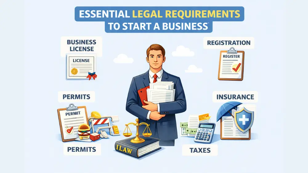 Simple flat illustration showing a businessman holding documents, surrounded by icons representing essential legal requirements to start a business, including business license, registration, permits, taxes, and insurance under the heading “Essential Legal Requirements to Start a Business.”