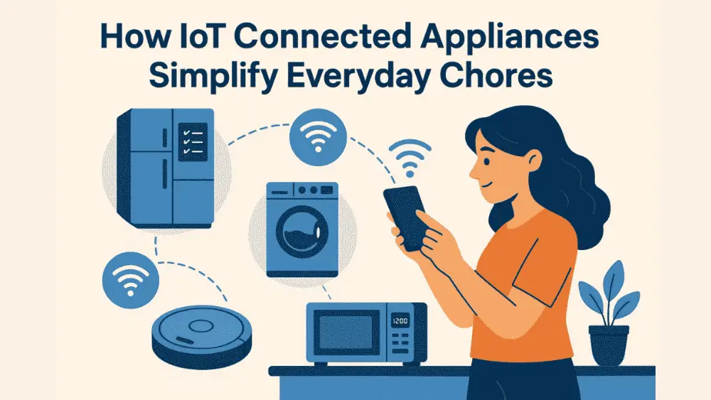 Illustration of a woman using a smartphone to control IoT-connected home appliances, including a smart refrigerator, washing machine, microwave, and robot vacuum, with the text “How IoT Connected Appliances Simplify Everyday Chores.