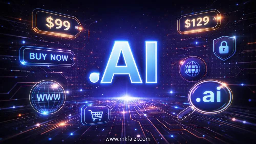 .AI domain name concept with glowing text, price tags, and domain icons in futuristic tech interface.