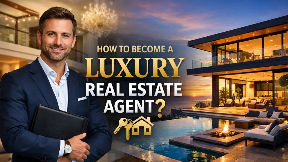 Confident, well-dressed real estate agent in a navy suit holding a portfolio stands beside a modern luxury mansion at sunset, featuring floor-to-ceiling glass walls, an infinity pool, and outdoor fire pit, with the headline text “How to Become a Luxury Real Estate Agent?” displayed prominently in gold and white.