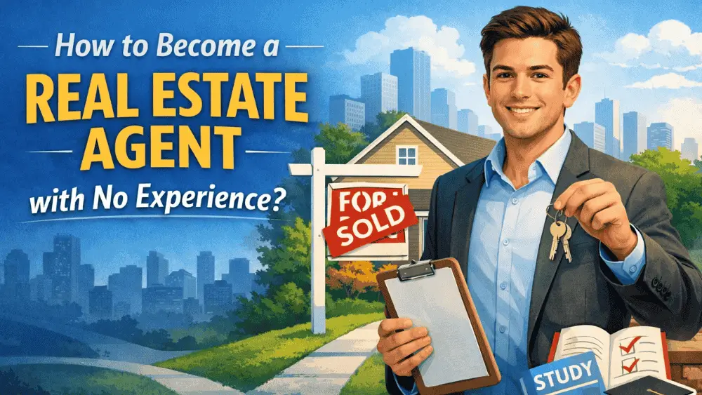 Featured image for an article titled “How to Become a Real Estate Agent with No Experience?” showing a smiling young male professional in a suit holding house keys and a clipboard next to a “For Sale” sign with a “Sold” tag in front of a suburban home. In the foreground are study-related icons including a book labeled “Study,” a checklist, and a graduation cap, with a city skyline in the background.