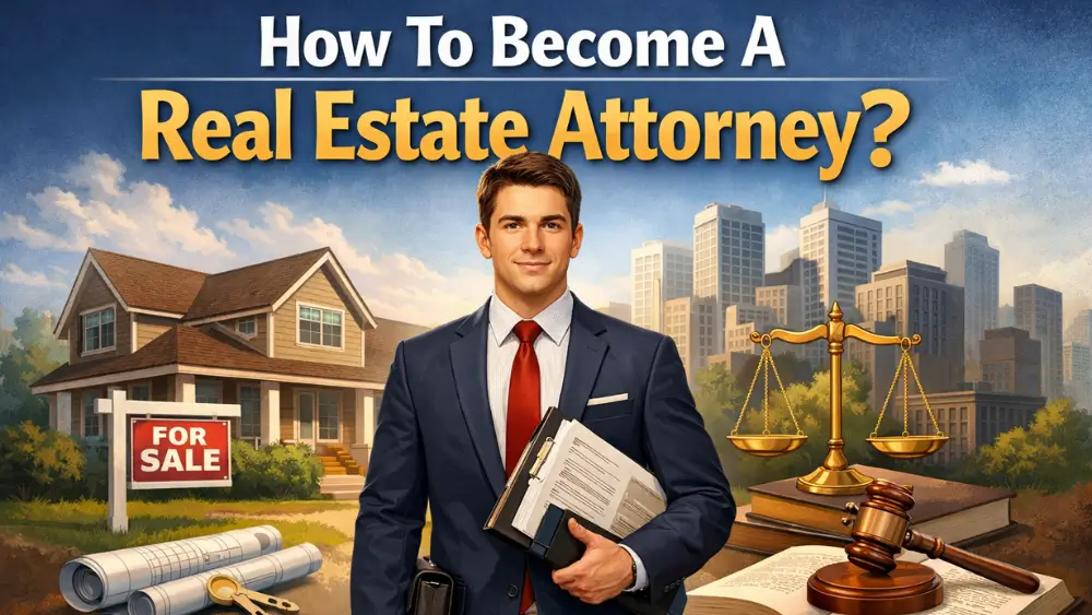 Featured image showing a confident real estate attorney in a navy suit holding legal documents and a briefcase, standing between a suburban house with a “For Sale” sign and a city skyline, with scales of justice, a gavel, and law books in the foreground under the title “How To Become A Real Estate Attorney?”