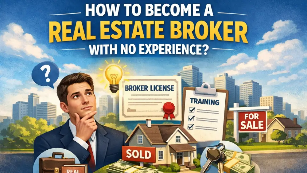 Featured image showing a young man in a suit thinking about becoming a real estate broker, with a city skyline in the background, a broker license certificate, training checklist, “For Sale” and “Sold” house signs, money stacks, keys, and the headline “How to Become a Real Estate Broker With No Experience?” displayed at the top.
