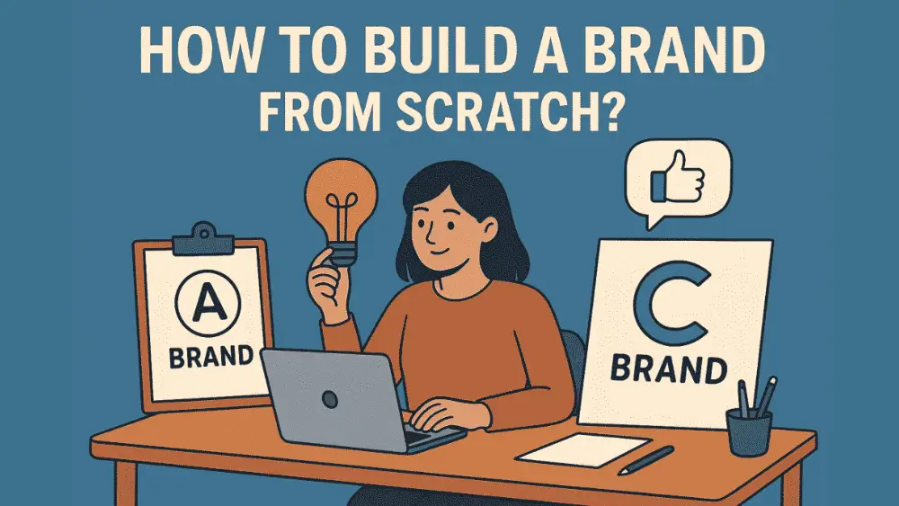 A flat-style digital illustration showing a person building a brand identity on a laptop, surrounded by branding elements like logos, color palettes, and design tools, representing the process of creating a brand from scratch.