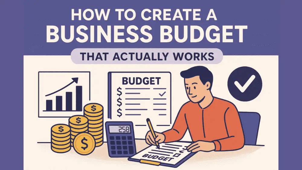Illustration of a person creating a business budget at a desk with charts, coins, and a calculator, accompanied by the text “How to Create a Business Budget That Actually Works.”
