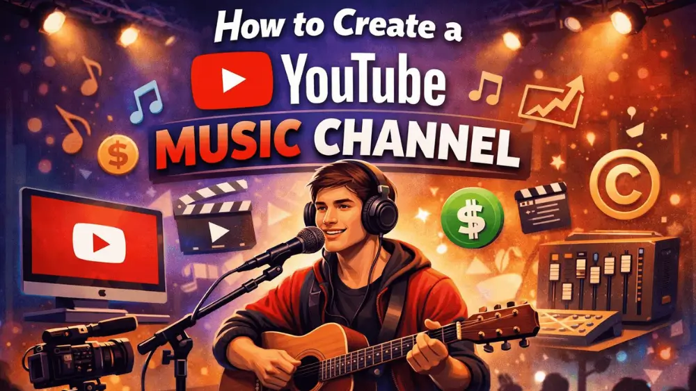 Illustration of a musician recording music for a YouTube music channel, with YouTube logo, audio equipment, music icons, and growth and monetization symbols.