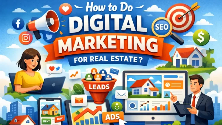 Digital marketing for real estate concept with SEO, social media, ads, and online property listings generating leads.
