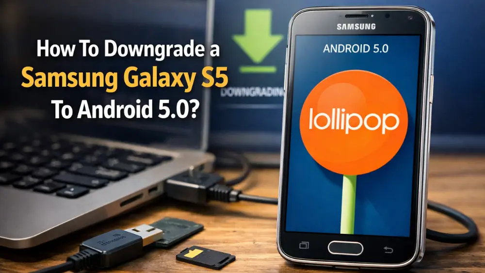 How to downgrade Samsung Galaxy S5 to Android 5.0 Lollipop using PC, USB cable, and firmware flashing process displayed on screen.