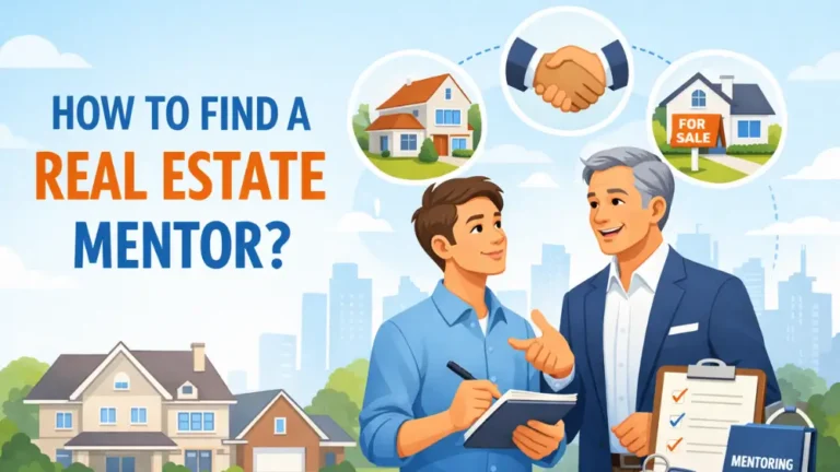 Real estate mentor teaching a new investor about property buying and selling, featuring homes, handshake agreement, and for sale sign.