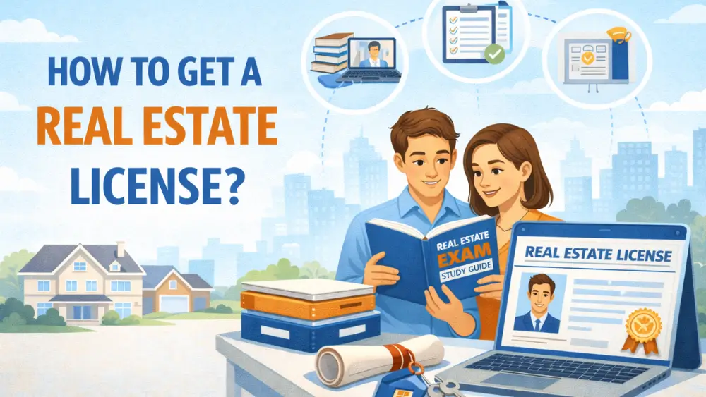 Students preparing for real estate license exam with study materials and certificate.