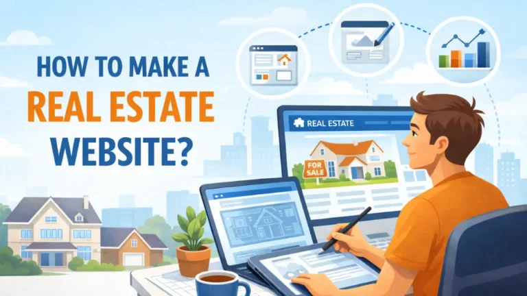 How to make a real estate website – web designer creating property listing site with homes for sale and real estate web design elements.