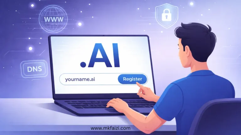 Register .AI domain name online – person using laptop with .AI search bar and register button.